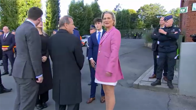 La princesse Delphine s'écarte des conventions en portant du rose et du blanc en présence du pape