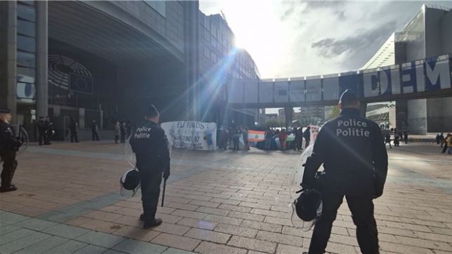 Une soixantaine de manifestants pro-palestiniens se sont rassemblés lundi à 12h00 sur l'esplanade Solidarnosc du Parlement européen à Bruxelles. Ils se sont mobilisés pour dénoncer la complicité de l'Union européenne (UE) dans le génocide commis par Israël en Palestine.