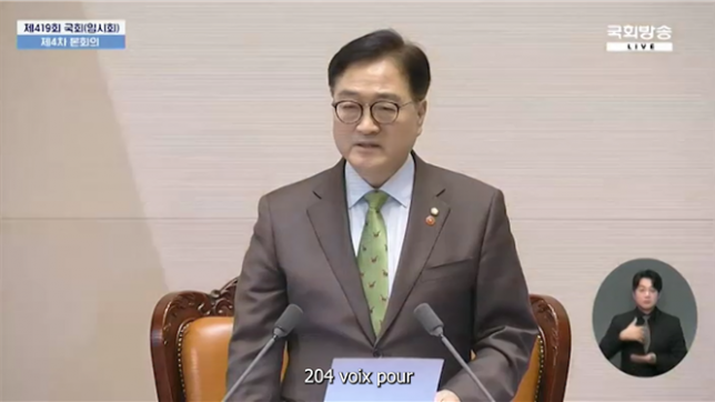 Le Parlement sud-coréen destitue le président Yoon Suk Yeol suite à sa tentative d'instauration de la loi martiale.