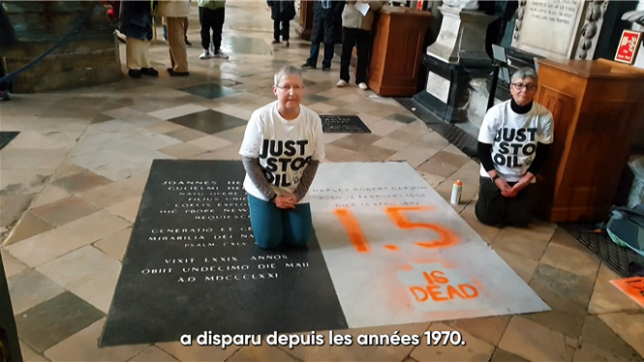 Des militantes de Just Stop Oil recouvrent la tombe du célèbre naturaliste Charles Darwin dans l'abbaye de Westminster, à Londres, d'inscriptions pour dénoncer l'inaction politique face au réchauffement climatique.