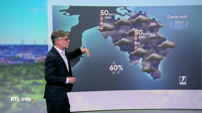 Invité du RTL info 13h., Stephan van Bellinghen présente les prévisions météorologiques de l'IRM pour aujourd'hui et les prochains jours.