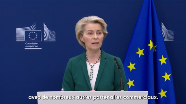 L'Union européenne a proposé aux Etats-Unis une exemption de droits de douane totale et réciproque pour les produits industriels, a annoncé la présidente de la Commission Ursula von der Leyen lundi, afin de tenter d'éviter une guerre commerciale.