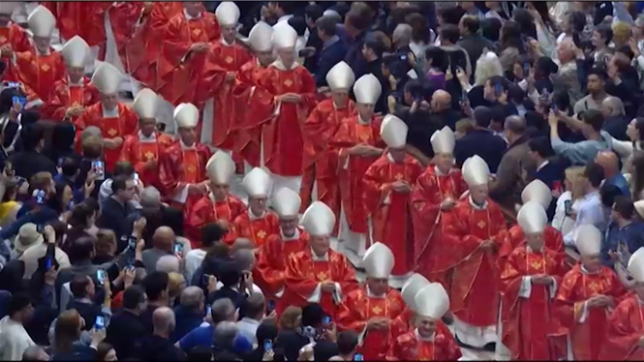 Les cardinaux électeurs pour célébrer la messe Pro Eligendo Romano Pontifice dirigée par le cardinal Giovanni Battista Re, doyen du Collège des cardinaux, dans la basilique Saint-Pierre, au Vatican, quelques heures avant le début du conclave. C'est le dernier rite à être célébré publiquement avant que le 267e pape de l'Église ne soit présenté au monde depuis un balcon de la basilique Saint-Pierre.
