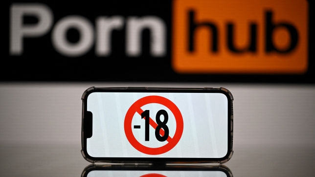 This photograph taken on May 24, 2022 in Toulouse shows screens displaying a minor child sign and the logo of the pornographic site Pornhub. The judicial examination of Arcom request against porn sites has been postponed to one month, on May 24, 2022. Arcom media regulator requests five pornographic sites to be blocked as they are not preventing the exposure of minors to their content, and French telecom operators to block access to the pornographic sites. (Photo by Lionel BONAVENTURE / AFP)