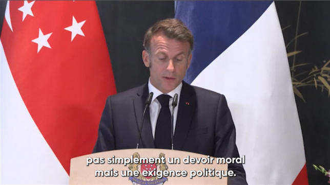 Le président français Emmanuel Macron déclare lors de sa visite à Singapour, que la reconnaissance d'un Etat palestinien n'est pas simplement un devoir moral, mais une exigence politique, tout en énumérant plusieurs conditions pour franchir le pas.