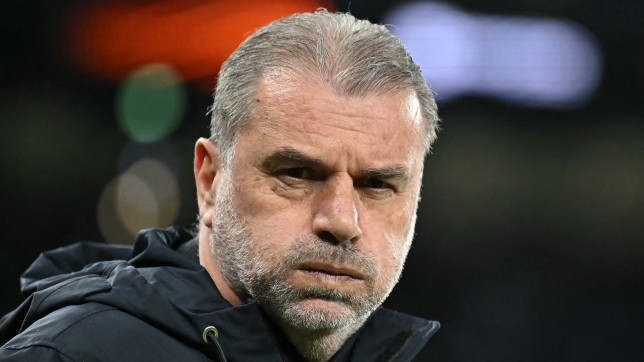 (FILES) Tottenham Hotspur's Greek-Australian Head Coach Ange Postecoglou reacts ahead of the UEFA Europa League quarter-final football match between Tottenham Hotspur and Eintracht Frankfurt at the Tottenham Hotspur Stadium in London, on April 10, 2025. Tottenham Hotspur sacked manager Ange Postecoglou on June 6, just two weeks after the Australian won the Europa League to end the club's 17-year trophy drought. (Photo by Glyn KIRK / AFP)