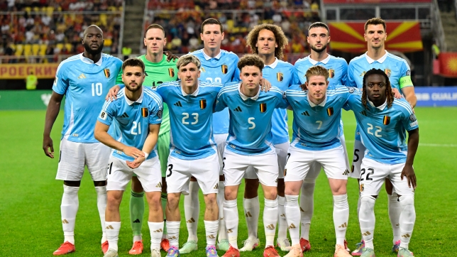 Belgium’s players pictured at the start of a soccer game between North Macedonia and Belgian national team Red Devils, Friday 06 June 2025 in Skopje, the first (out of 8) qualification games for the World Cup 2026. BELGA PHOTO DIRK WAEM