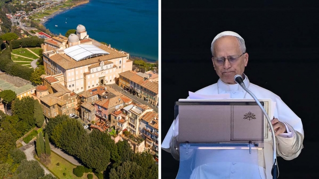 À gauche, Castel Gandolfo, dans le Latium. À droite, le pape Léon XIV.