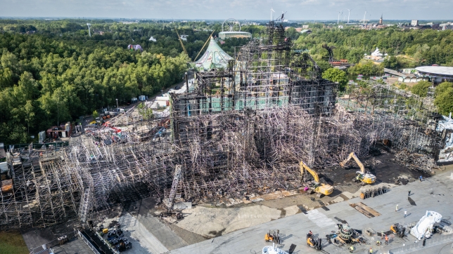 This aerial drone image shows the festival site after yesterday's fire at the Tomorrowland electronic music festival on Thursday 17 July 2025, in Boom. Yesterday a fire destroyed the main stage of the festival site at the 'De Schorre' terrain in Boom, where the first day is programmed tomorrow. BELGA PHOTO STRINGER