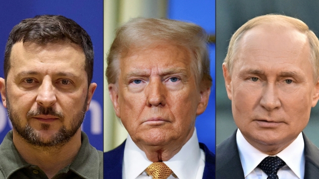 Le président ukrainien Volodymyr Zelensky, le président américain Donald Trump et e président russe Vladimir Poutine