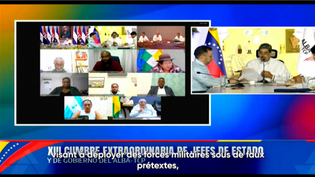 Lors d'un sommet virtuel extraordinaire des pays membres de l'Alliance Bolivarienne pour les Amériques (Alba), le président vénézuélien Nicolas Maduro appelle les peuples du monde à se prononcer en faveur du Venezuela après le déploiement de navires américains dans les Caraïbes et plus particulièrement près des côtes vénézuéliennes.
