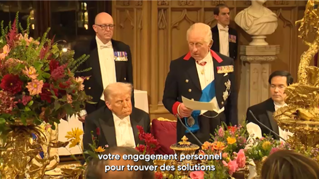 Dans son allocution lors du banquet donné en l'honneur de la visite de Donald Trump au Royaume-Uni, le roi Charles III a salué l'engagement personnel de Donald Trump pour tenter de mettre fin aux conflits dans le monde.
