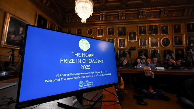 A screen announcing the press conference on the winners of the 2025 Nobel Prize in Chemistry is pictured at the Royal Swedish Academy of Sciences in Stockholm, Sweden, on October 8, 2025. (Photo by Jonathan Nackstrand / AFP)