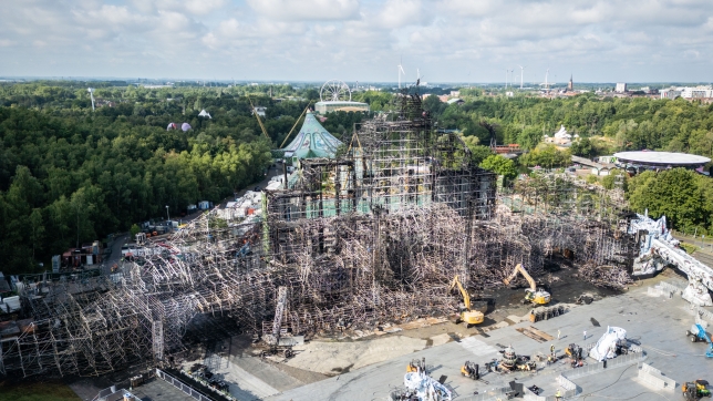 This aerial drone image shows the festival site after yesterday’s fire at the Tomorrowland electronic music festival on Thursday 17 July 2025, in Boom. Yesterday a fire destroyed the main stage of the festival site at the ’De Schorre’ terrain in Boom, where the first day is programmed tomorrow. BELGA PHOTO STRINGER