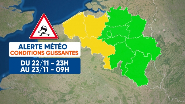 L’Institut Royal de Météorologie émet une alerte aux routes glissantes.