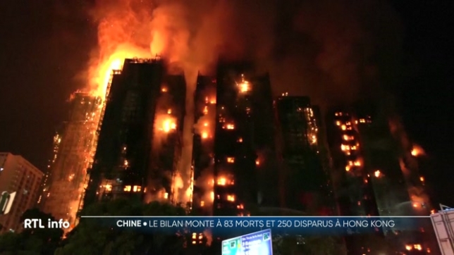 L'incendie qui s'est déclaré dans un ensemble de 8 immeubles en cours de rénovation un ensemble d'immeubles à Hong Kong a fait 75 morts selon un dernier bilan. Le feu serait désormais entièrement maîtrisé. Mais plus de 250 personnes sont toujours portées disparues.