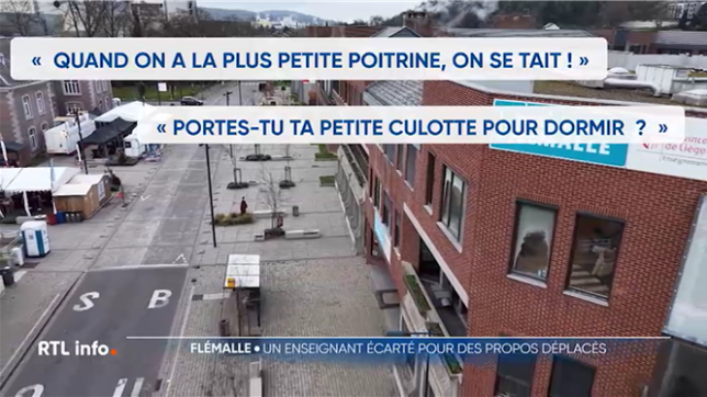 Un enseignant d'une école secondaire de Flémal a été écarté de son poste. Il aurait tenu des propos particulièrement déplacés devant ses élèves. Plusieurs parents ont déposé plainte auprès de la direction. Des témoignages recueillis par Sudinfo. Explications avec Frédéric Delfosse et Julien Raway.