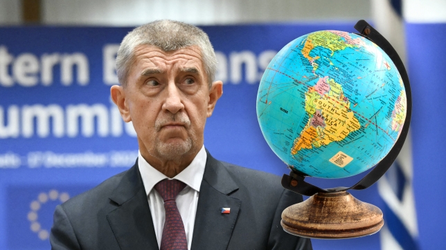 Montage photo : Andrej Babis et un globe terrestre générique