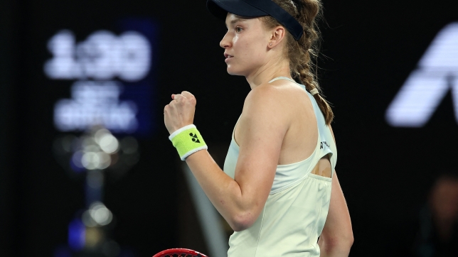 Kazakhstan's Elena Rybakina celebrates her first set against Belarus' Aryna Sabalenka during their women's singles final match on day fourteen of the Australian Open tennis tournament in Melbourne on January 31, 2026. Martin KEEP / AFP