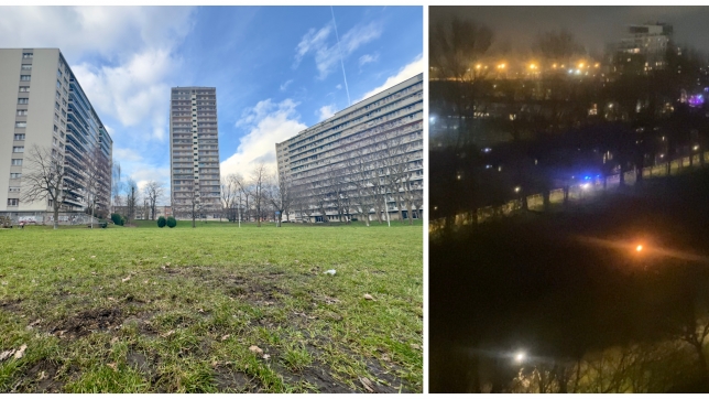 L’image de gauche montre l’endroit précis où la victime a été immolée par le feu ; la tour d’immeuble « Résidence Porte de Paris » se trouve au milieu de cette image. L’image de droite démontre quant à elle que le feu brûlait encore sur la pelouse tandis que la victime était déjà dans le canal