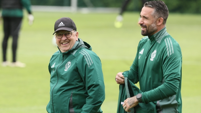 Standard's assistant coach Jose Jeunechamps and Standard's assistant coach Jeremy Taravel pictured before a friendly soccer game between Standard de Li¿ge and FCV Dender, Friday 05 July 2024 in Angleur, in preparation of the upcoming 2024-2025 season of the Jupiler Pro League. BELGA PHOTO BRUNO FAHY