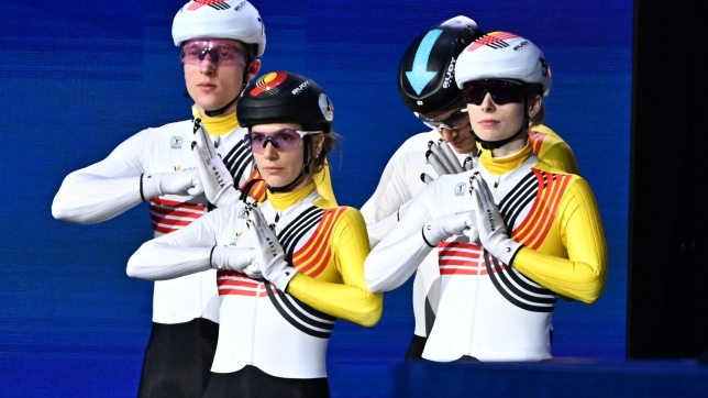 Belgian shorttrack skater Ward Petre, Belgian shorttrack skater Hanne Desmet, Belgian shorttrack skater Stijn Desmet and Belgian shorttrack skater Tineke den Dulk pictured ahead of the Final of the Mixed Team Relay of the Short Track Speed Skating competition at the Milano Cortina 2026 Olympic Winter Games, on Tuesday 10 February 2026 in Milan, Italy. The XXV Winter Olympics take place from 6 to 22 February 2026 in Italy.
BELGA PHOTO JASPER JACOBS