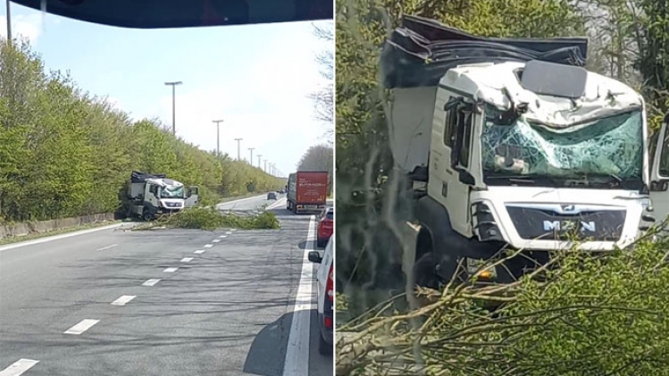 Un camion traverse la berme centrale de l'A16 Mons-Tournai