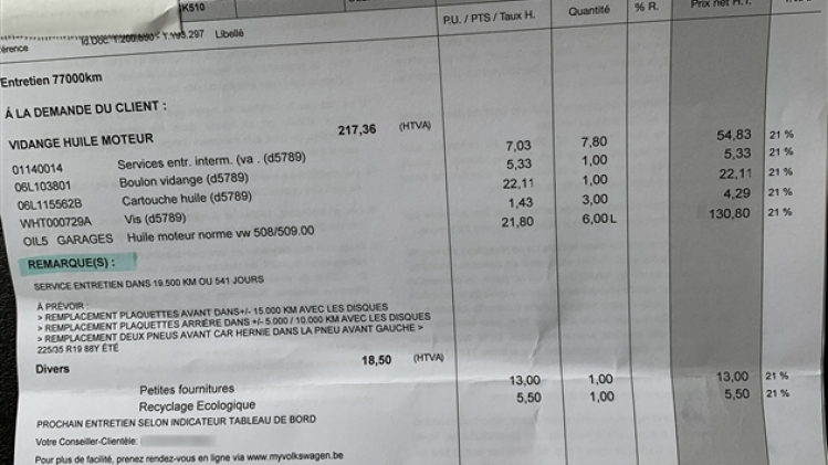 facture vidange huile