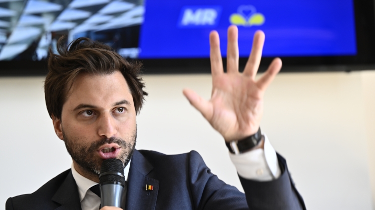 Georges-Louis Bouchez, président du MR, lors d’une conférence de presse sur une proposition de négociation pour former un nouveau gouvernement pour la Région de Bruxelles-Capitale, organisée par le parti libéral francophone MR le, à Bruxelles.