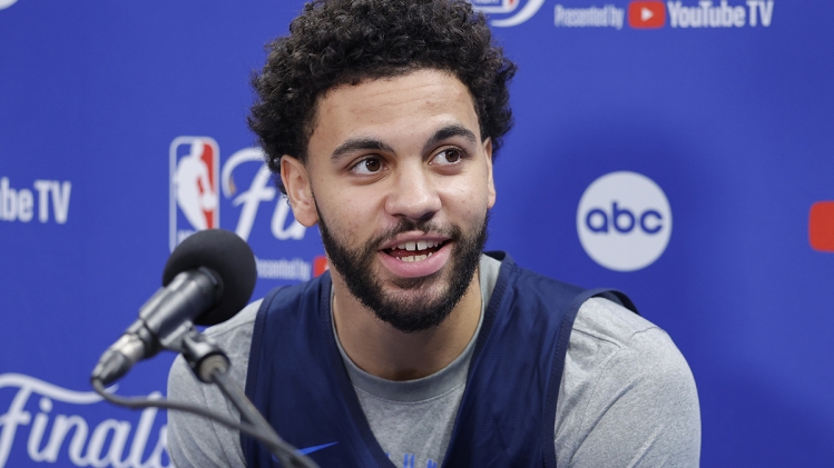 Jun 4, 2025; Oklahoma City, OK, USA; Oklahoma City Thunder guard Ajay Mitchell (25) during NBA Finals Media Day at Paycom Center. Mandatory Credit: Alonzo Adams-Imagn Images/Sipa USA