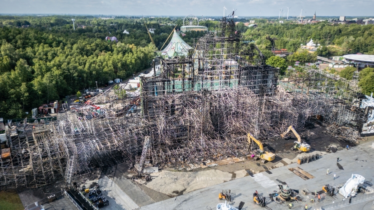 This aerial drone image shows the festival site after yesterday's fire at the Tomorrowland electronic music festival on Thursday 17 July 2025, in Boom. Yesterday a fire destroyed the main stage of the festival site at the 'De Schorre' terrain in Boom, where the first day is programmed tomorrow. BELGA PHOTO STRINGER