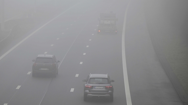 Cars drive on the highway on a foggy morning in Noduwez, Friday 17 January 2025. BELGA PHOTO ERIC LALMAND