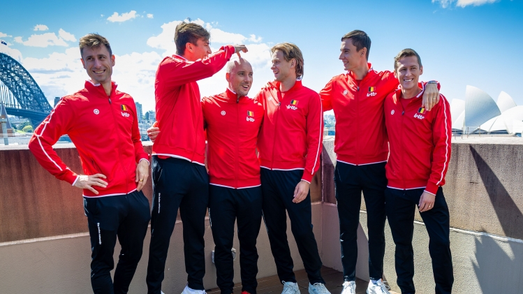 Sander Gillé, Raphaël Collignon, Steve Darcis, Zizou Bergs, Joran Vliegen et Kimmer Coppejans, joker à l’époque, le 12 septembre à Sydney en marge de leur victoire face à l’Australie