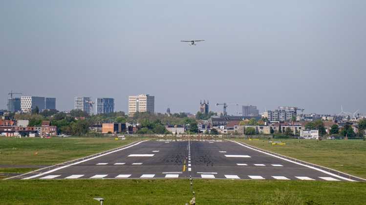 Illustration picture shows the runway of the regional Antwerp Airport, operated by French company Egis, in Deurne, Thursday 04 May 2023. The airport is summoned by the Public Prosecutor. In particular, the alleged expansion of the airport in agricultural areas will be on the table in court. BELGA PHOTO JONAS ROOSENS