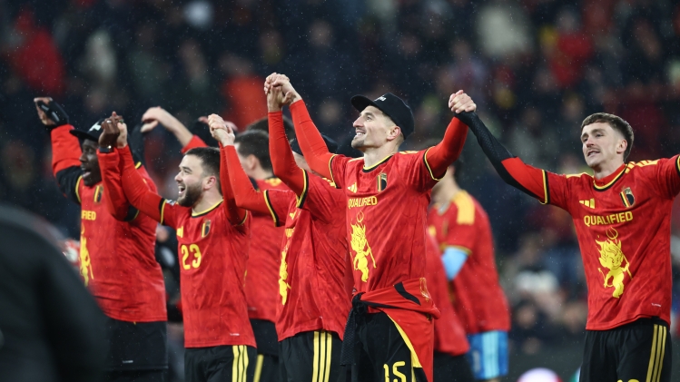 Belgium's players celebrate after winning a soccer game between Belgium's Red Devils and Liechtenstein, the last FIFA World Cup 2026 qualification match, in Liege on Tuesday 18 November 2025. BELGA PHOTO BRUNO FAHY