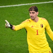 Thibaut Courtois reqcts during the Qatar 2022 World Cup Group F football match between Belgium and Canada 