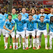 Belgium’s players pictured at the start of a soccer game between North Macedonia and Belgian national team Red Devils, Friday 06 June 2025 in Skopje, the first (out of 8) qualification games for the World Cup 2026. BELGA PHOTO DIRK WAEM