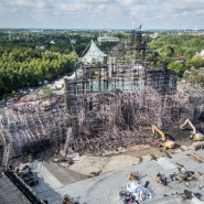 This aerial drone image shows the festival site after yesterday's fire at the Tomorrowland electronic music festival on Thursday 17 July 2025, in Boom. Yesterday a fire destroyed the main stage of the festival site at the 'De Schorre' terrain in Boom, where the first day is programmed tomorrow. BELGA PHOTO STRINGER