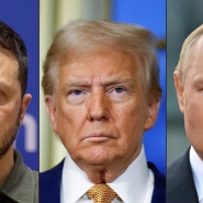 Le président ukrainien Volodymyr Zelensky, le président américain Donald Trump et e président russe Vladimir Poutine