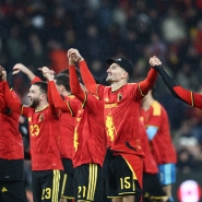 Belgium's players celebrate after winning a soccer game between Belgium's Red Devils and Liechtenstein, the last FIFA World Cup 2026 qualification match, in Liege on Tuesday 18 November 2025. BELGA PHOTO BRUNO FAHY