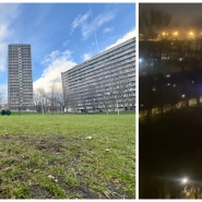 L’image de gauche montre l’endroit précis où la victime a été immolée par le feu ; la tour d’immeuble « Résidence Porte de Paris » se trouve au milieu de cette image. L’image de droite démontre quant à elle que le feu brûlait encore sur la pelouse tandis que la victime était déjà dans le canal