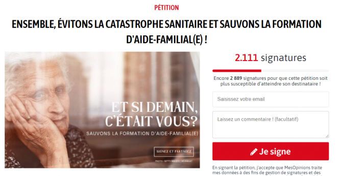 pétition pour sauver la section aide familiale