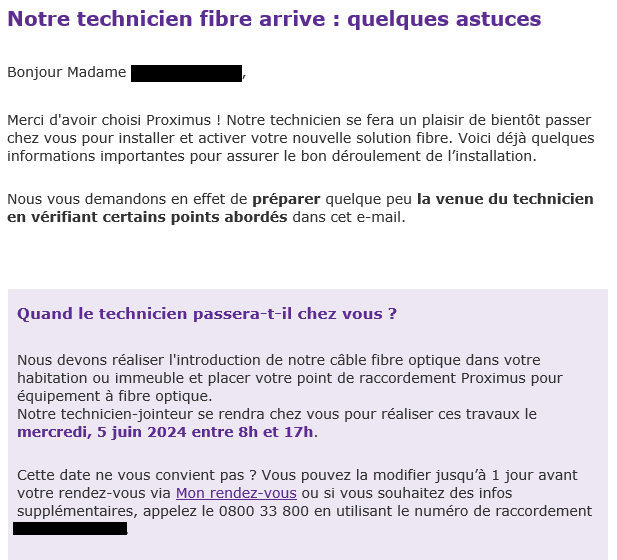 Email de Proximus confirmant le rendez-vous avec un technicien