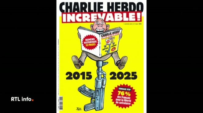 Charlie Hebdo publie une Une symbolique 10 ans après l’attentat qui a frappé sa rédaction. Le titre Increvable accompagne l'image d'un lecteur riant, assis sur une mitraillette, soulignant ainsi la résilience du journal face à la violence.