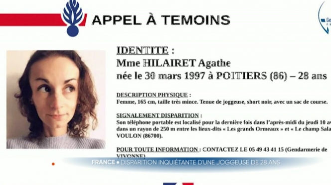 Agathe Hilairet, 28 ans, est portée disparue depuis jeudi matin après avoir fait son jogging à Vivonne, dans la Vienne. Un appel à témoins pour disparition inquiétante a été diffusé L'inquiétude est grande, d'autant plus que la jeune femme souffre d'anorexie.