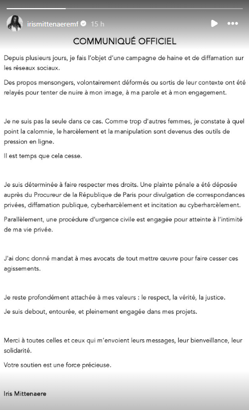 Capture d’écran de la story Instagram d’Iris Mittenaere