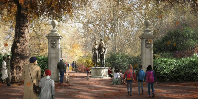 Statue d’Elizabeth II et de son mari, le prince Philip, qui fera partie du projet de mémorial dédiée à la reine réalisé par Norman Foster.