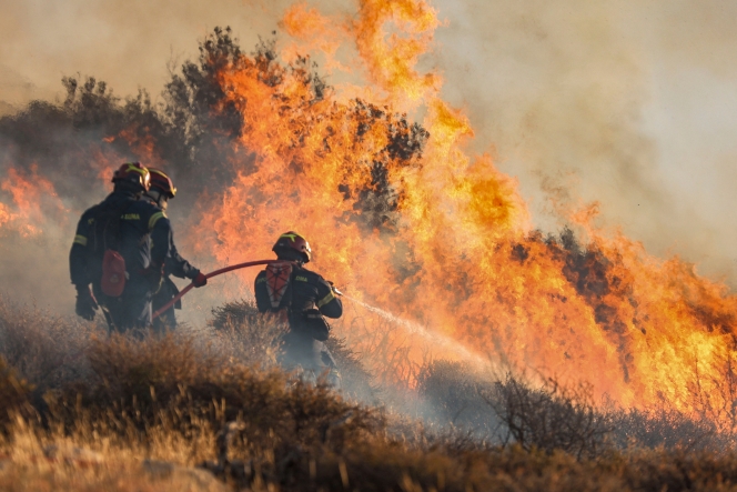 Des pompiers luttent contre un incendie de forêt qui s’est déclaré à Ierapetra, sur l’île grecque de Crète.