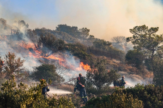 Des pompiers luttent contre un incendie de forêt qui s’est déclaré à Ierapetra, sur l’île grecque de Crète.