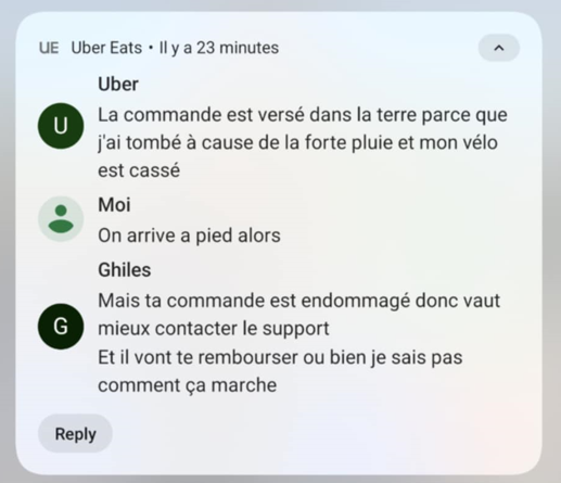La conversation entre Benjamin et le livreur Uber Eats.